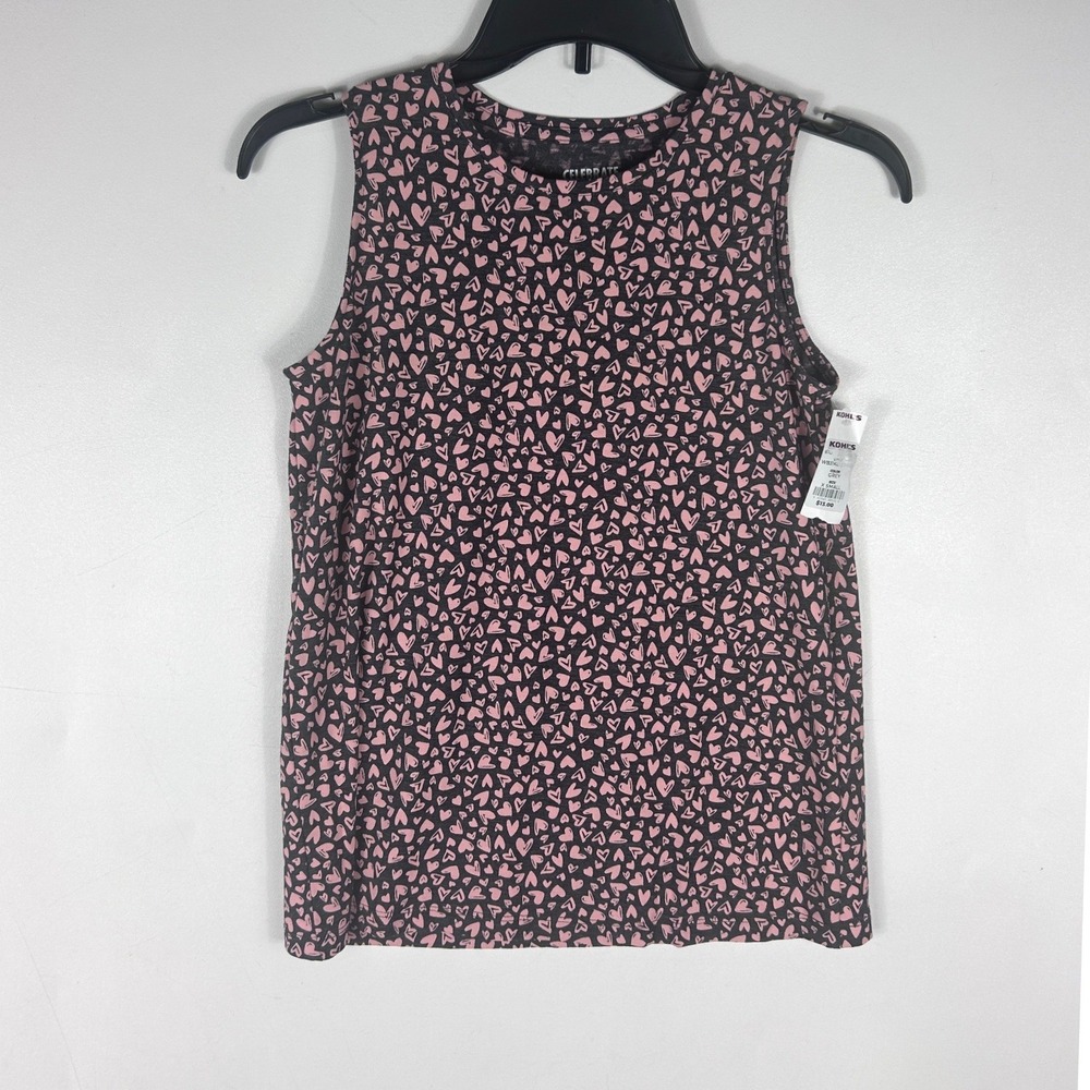 Celebrate Together Womens XS Gray Pink Heart‎ Print Sleeveless Tank Top NWT